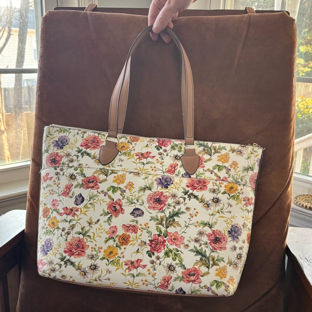 Anne Klein Floral Tote Bag with Tan Handles